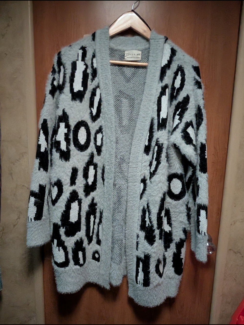 Grey Leopard-Print Open Cardigan Sweater